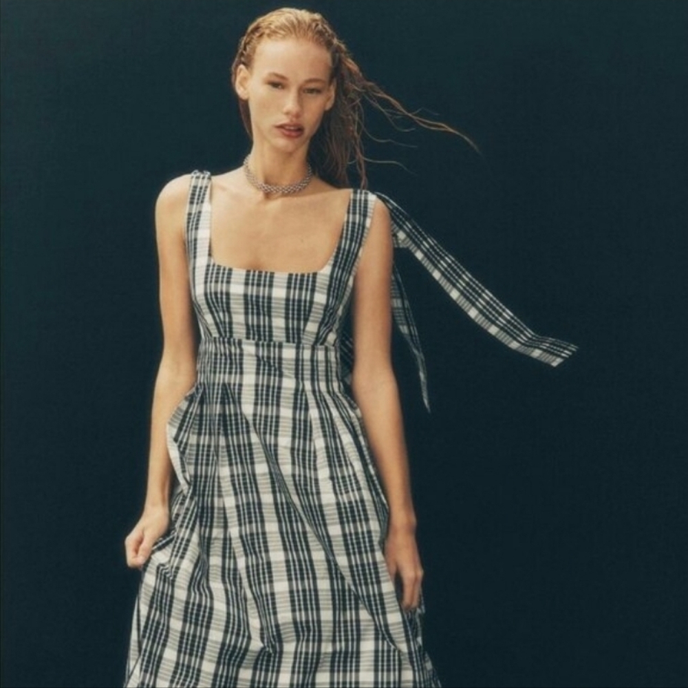 Maeve by Anthropologie Black & White Plaid Peplum A-Line Midi Dress - Size Small